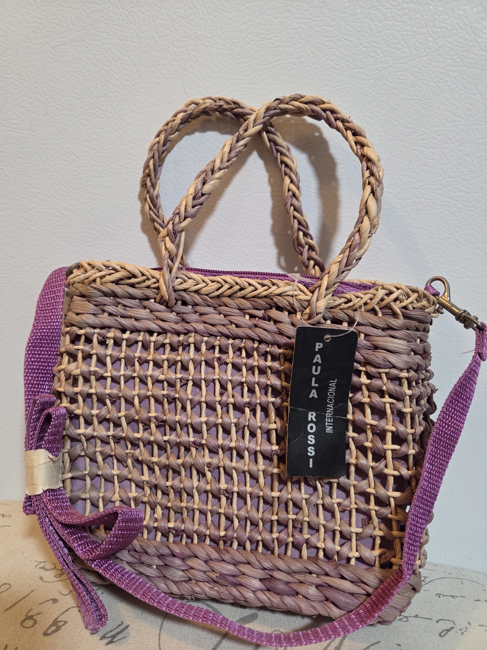 Paula Rossi Woven Wicker Handbag Crossbody with Purple Strap